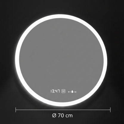 GIULIA Okrúhle LED zrkadlo, 70 cm, MotionGlow senzor, Demister System, Hodiny & Teplomer, Stmievateľné, Marcello Funghi