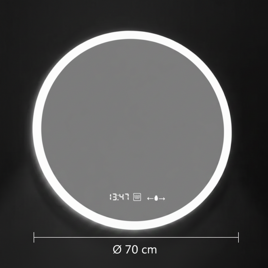 GIULIA Okrúhle LED zrkadlo, 70 cm, MotionGlow senzor, Demister System, Hodiny & Teplomer, Stmievateľné, Marcello Funghi
