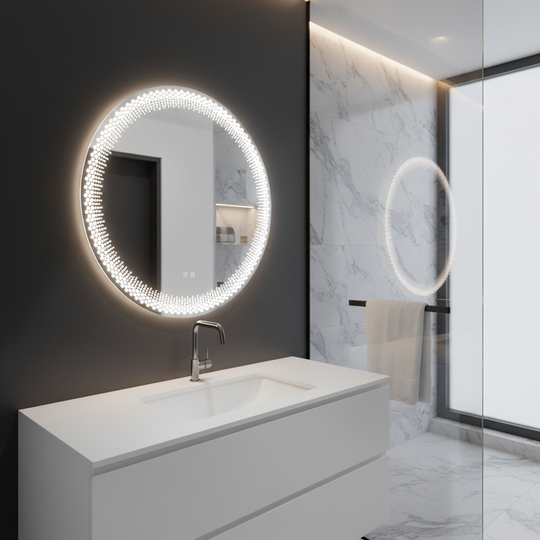 Okrúhle LED zrkadlo Nexos, 60 cm, 24 W, teplé/studené/neutrálne svetlo, senzor, systém odhmlievania, hodiny, stmievateľné