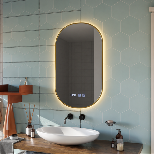 Konrad LED Touch Mirror Demist System, hodiny a teplota 50x80 cm brúsený zlatý rám, teplé neutrálne studené svetlo 3000K/4000K/6000K