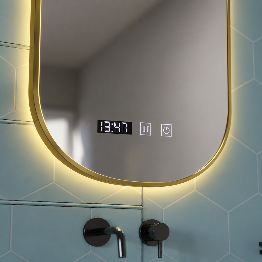 Konrad LED Touch Mirror Demist System, hodiny a teplota 50x80 cm brúsený zlatý rám, teplé neutrálne studené svetlo 3000K/4000K/6000K