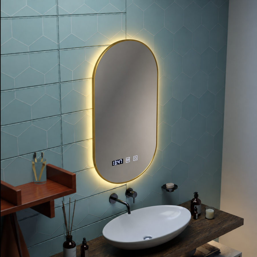 Konrad LED Touch Mirror Demist System, hodiny a teplota 50x80 cm brúsený zlatý rám, teplé neutrálne studené svetlo 3000K/4000K/6000K