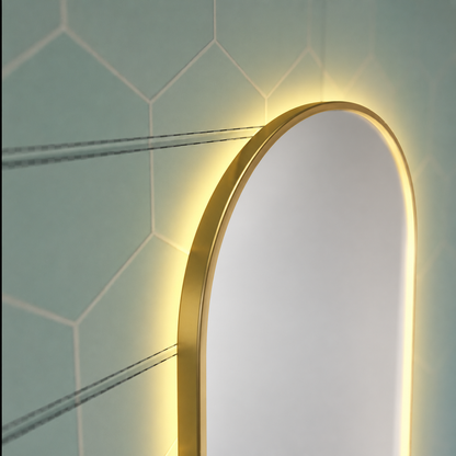 Konrad LED Touch Mirror Demist System, hodiny a teplota 50x80 cm brúsený zlatý rám, teplé neutrálne studené svetlo 3000K/4000K/6000K