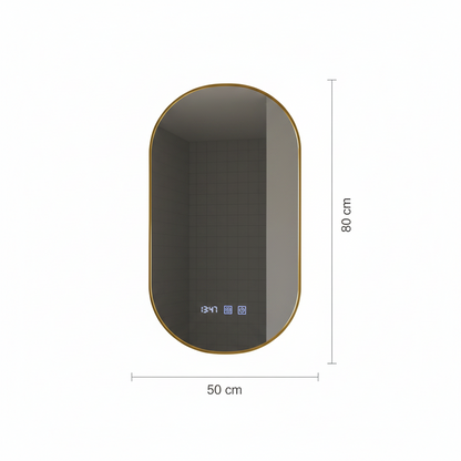 Konrad LED Touch Mirror Demist System, hodiny a teplota 50x80 cm brúsený zlatý rám, teplé neutrálne studené svetlo 3000K/4000K/6000K