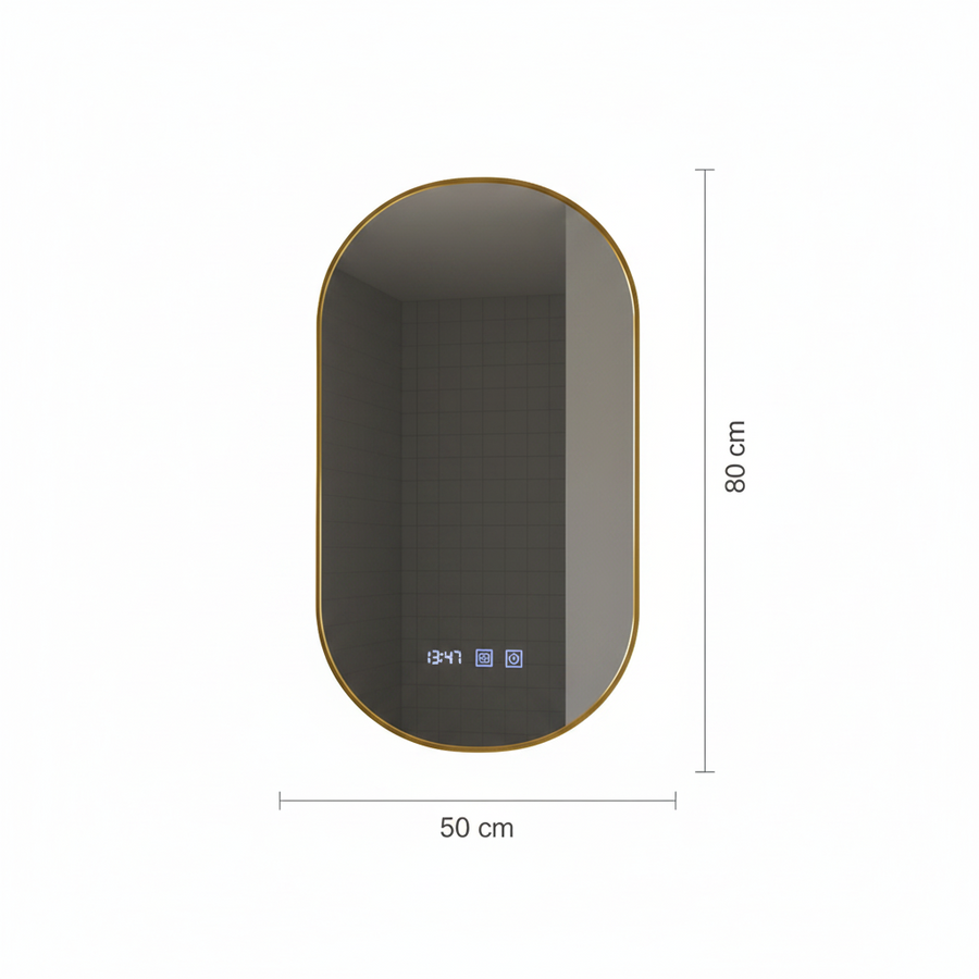 Konrad LED Touch Mirror Demist System, hodiny a teplota 50x80 cm brúsený zlatý rám, teplé neutrálne studené svetlo 3000K/4000K/6000K
