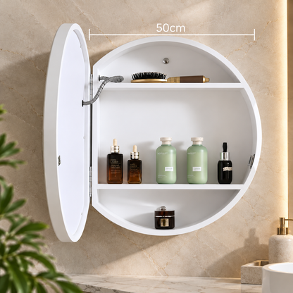 LED zrkadlo so skrinkou, okrúhle, 10W, 50x50cm, odhmlievanie, čierny rám, úložný priestor