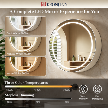 LED zrkadlo so skrinkou, okrúhle, 10W, 50x50cm, odhmlievanie, čierny rám, úložný priestor