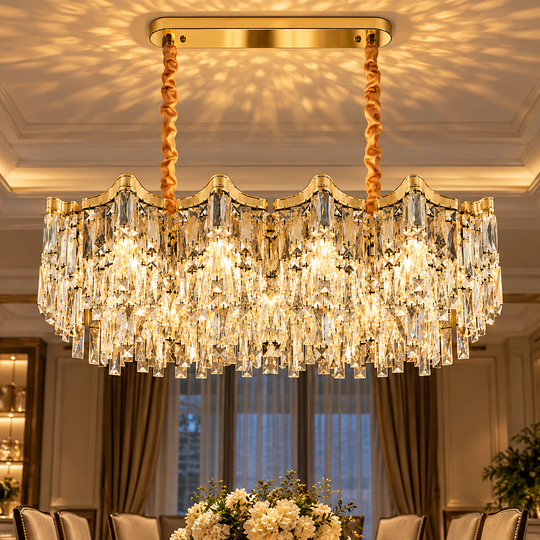 Krištáľový luster VETRA Supremo 15xE14, 100x35 cm, zlatý, nastaviteľná výška, kov a krištáľ
