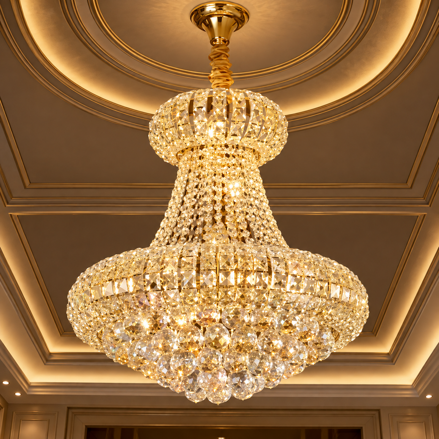 Krištáľový luster CASTRUM Eleganza 9xE14, H50 cm, zlatý, nastaviteľná výška, kov a krištáľ