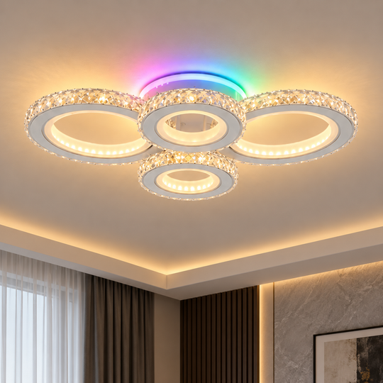 LED luster s diaľkovým ovládaním a krištáľom NOVA ROTONDA RGB 82W, 4 kruhy, studené/teplé/neutrálne svetlo, stmievateľné, biela