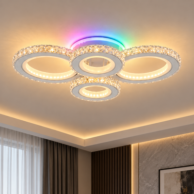LED luster s diaľkovým ovládaním a krištáľom NOVA ROTONDA RGB 82W, 4 kruhy, studené/teplé/neutrálne svetlo, stmievateľné, biela