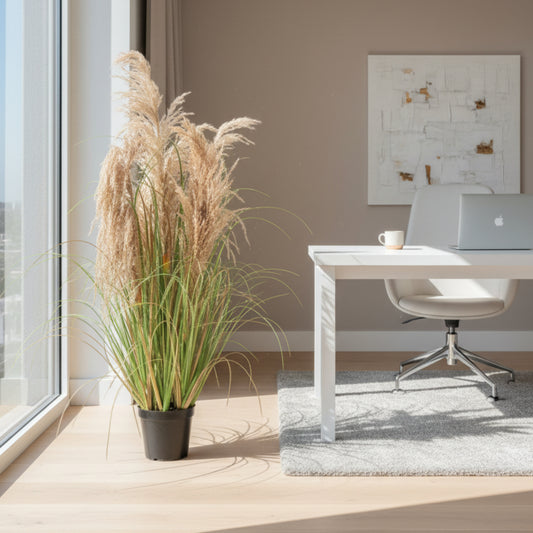 Aranjament decorativ cu  5 fire, 90cm, Stuf Artificial si Iarba, Verde Tomnal