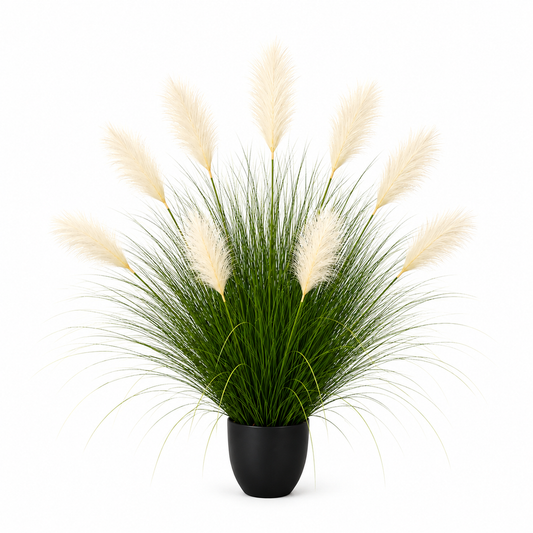 Planta Artificială Iarbă Ornamentală, 110 cm, 9 tulpini, Stuf și Iarbă, Verde deschis și alb, Fără Ghiveci