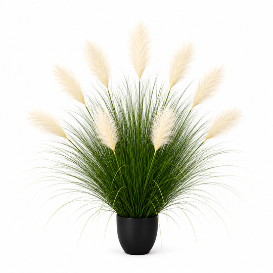 Planta Artificială Iarbă Ornamentală, 110 cm, 9 tulpini, Stuf și Iarbă, Verde deschis și alb, Fără Ghiveci