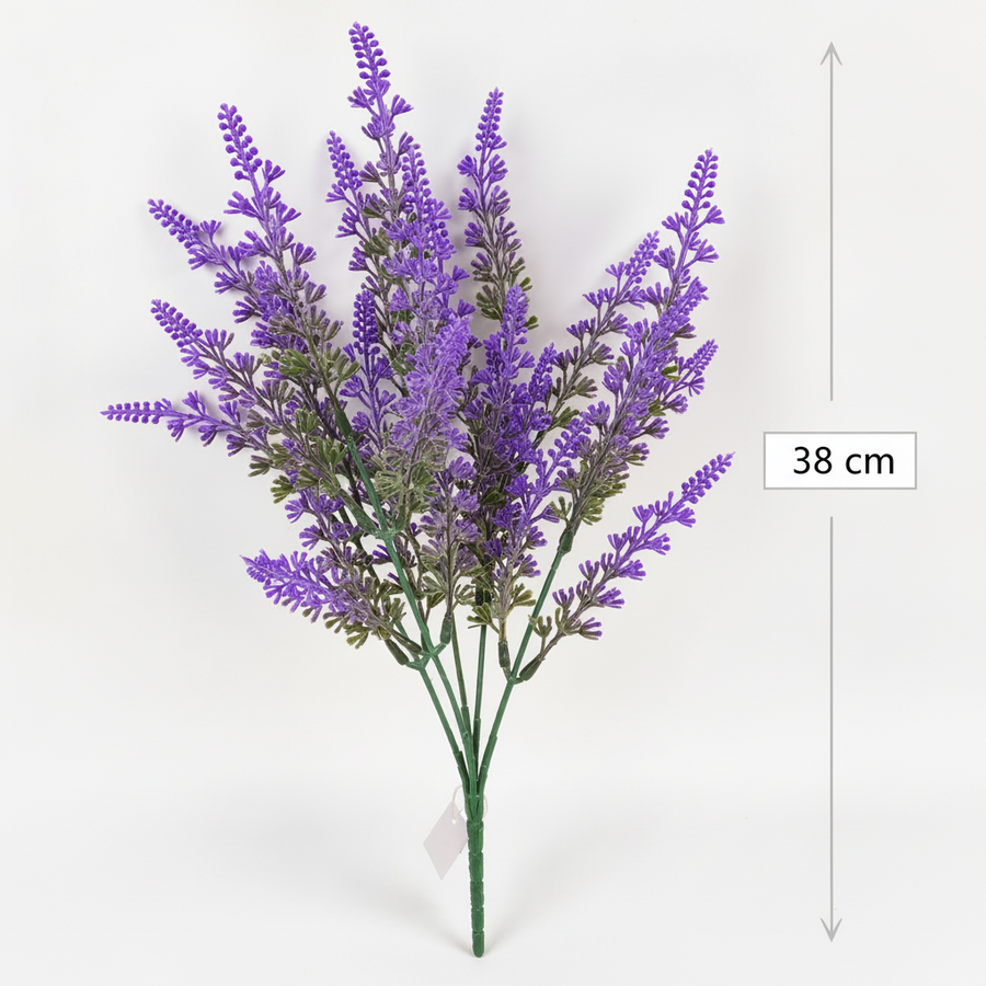 Umelá rastlina, dekoratívny kvet levandule, 5 konárov, 38 cm, fialová a zelená, sada 2 kusov
