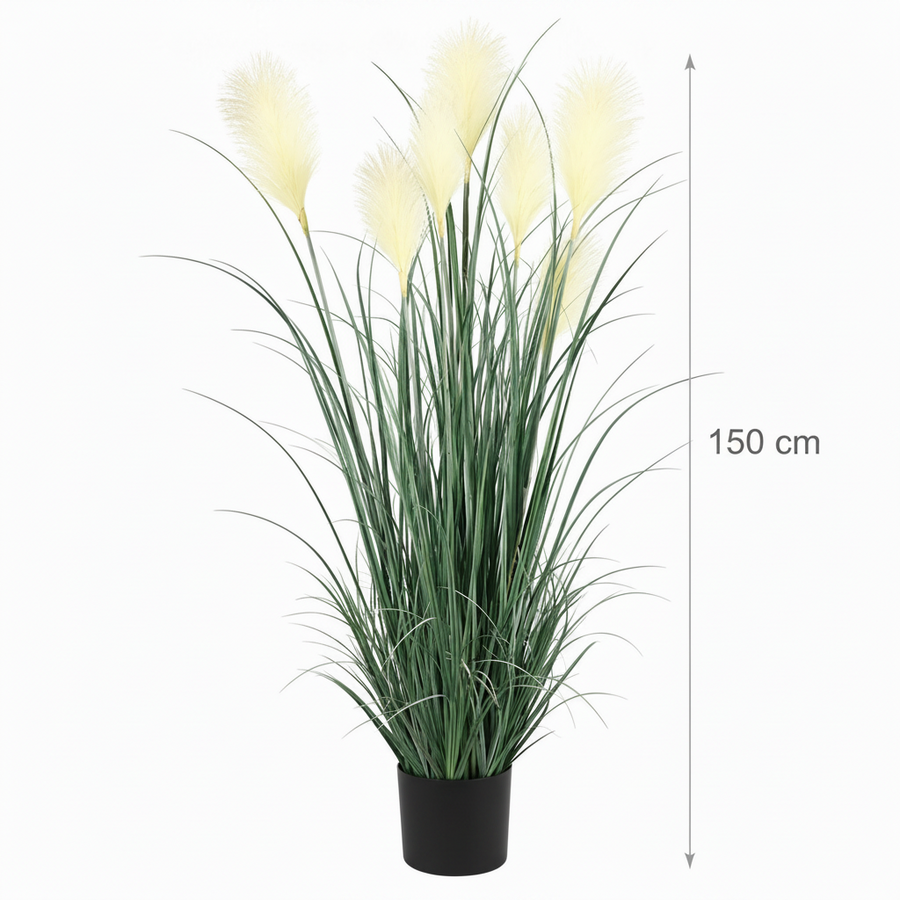 Umelá rastlinná okrasná tráva, 150 cm, so 7 drôtmi, trstina a tráva, zelená a biela, bez črepníka