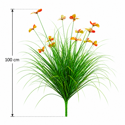 Umelá okrasná rastlina z motýľovej trávy, 100 cm, s 13 kvetmi, zelená a červená, bez črepníka