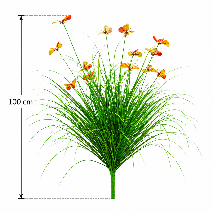 Umelá okrasná rastlina z motýľovej trávy, 100 cm, s 13 kvetmi, zelená a červená, bez črepníka