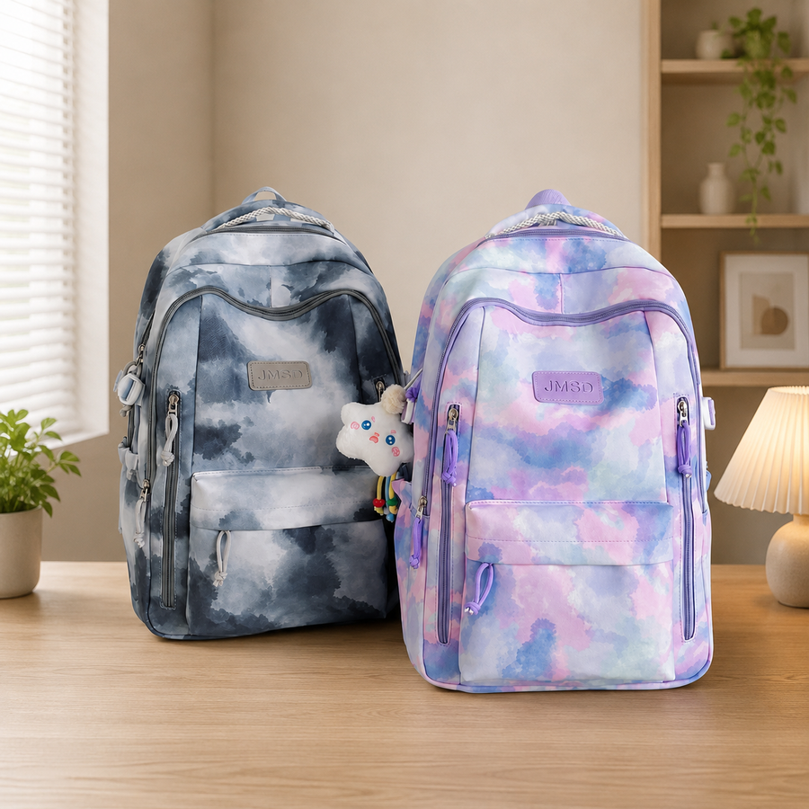 Rucsac de Scoala BAHIR DAR, 47x33x18 cm, Oxford, Gri-negru cu Imprimeu Tie-dye