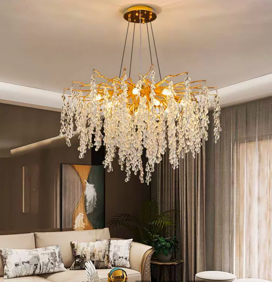 Kaskádový krištáľový luster WALTZ, 9x G9, zlatý, 80 cm, nastaviteľná výška