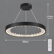 Závesný LED luster s diaľkovým ovládaním, kryštály K9, 28W, 1 kruh, studené/teplé/neutrálne svetlo, stmievateľné, čierne, výškovo nastaviteľné