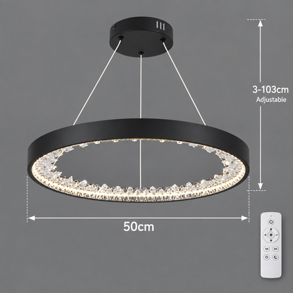 Závesný LED luster s diaľkovým ovládaním, kryštály K9, 28W, 1 kruh, studené/teplé/neutrálne svetlo, stmievateľné, čierne, výškovo nastaviteľné