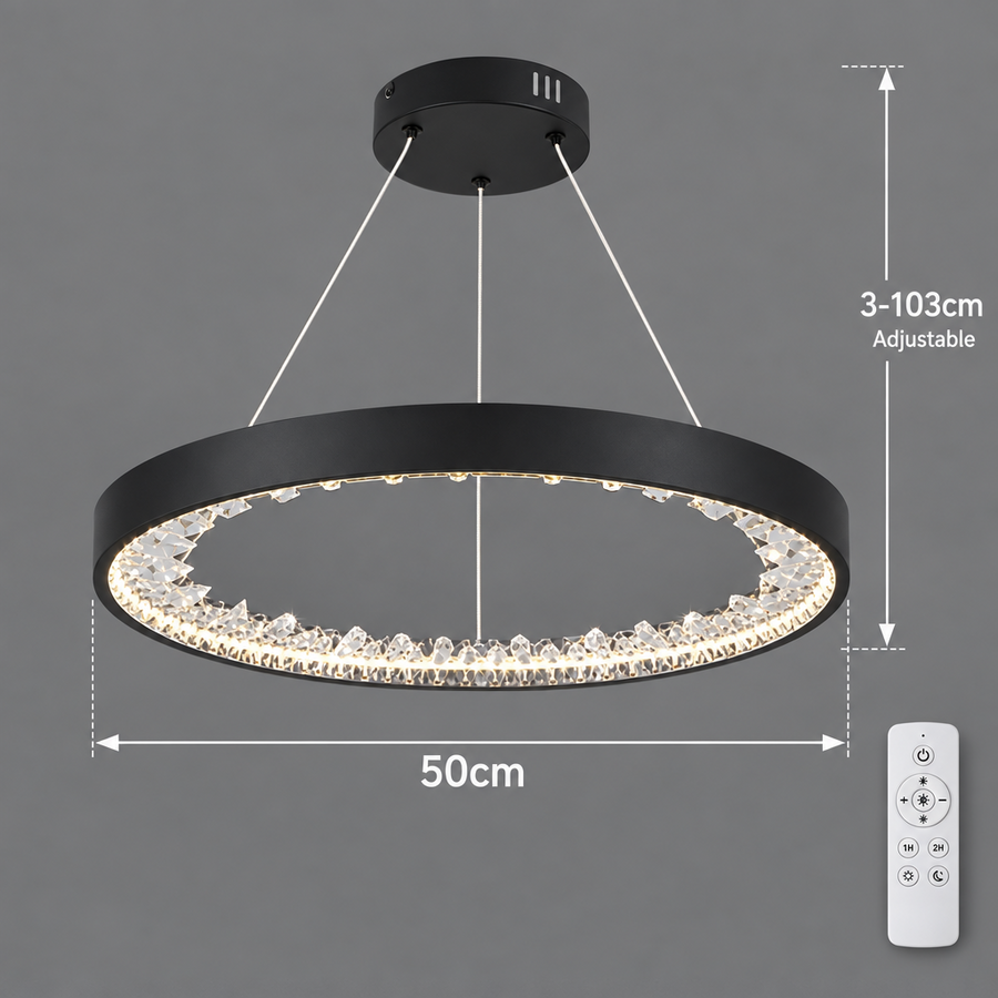 Závesný LED luster s diaľkovým ovládaním, kryštály K9, 28W, 1 kruh, studené/teplé/neutrálne svetlo, stmievateľné, čierne, výškovo nastaviteľné
