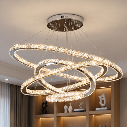 LED luster s diaľkovým ovládaním PRISM Luminis, krištáľ a kov, 210 W, 4 kruhy, stmievateľné, studené/teplé/neutrálne svetlo, luxusné osvetlenie