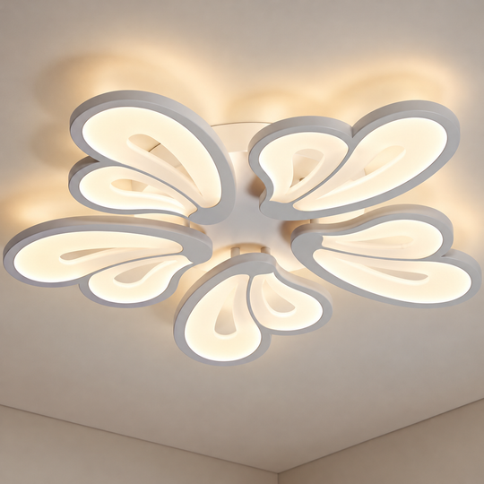 LED luster s diaľkovým ovládaním BLOSSOM 95W, 5 okvetných lístkov, studené/teplé/neutrálne svetlo 3000K/4000K/6000K, stmievateľné, biela, kov a akryl