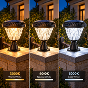 LED solárne svietidlo pre vonkajší stĺp KATTAKURGAN, 8W, teplé/studené/neutrálne svetlo + RGB, okrúhly tvar, hliník, čierna, stmievateľné