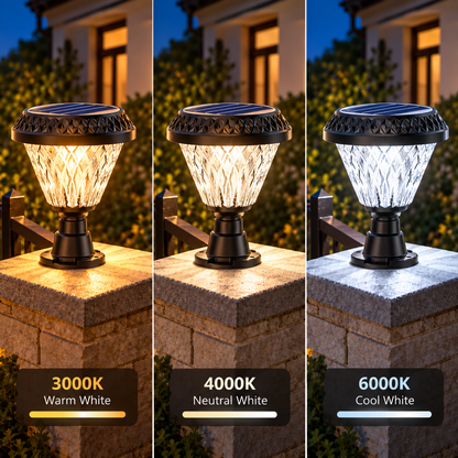 LED solárne svietidlo pre vonkajší stĺp KATTAKURGAN, 8W, teplé/studené/neutrálne svetlo + RGB, okrúhly tvar, hliník, čierna, stmievateľné