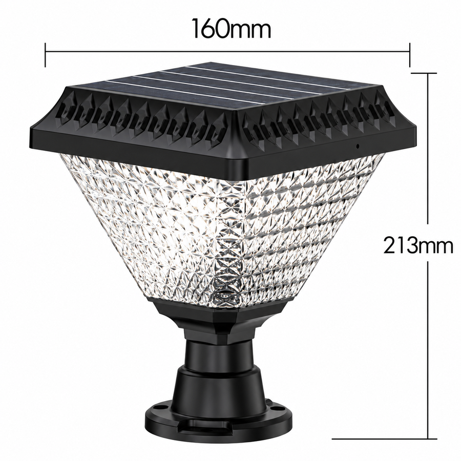 LED solárne svietidlo pre vonkajší stĺp KATTAKURGAN, 8W, teplé/studené/neutrálne svetlo + RGB, štvorcový tvar, hliník, čierne, stmievateľné