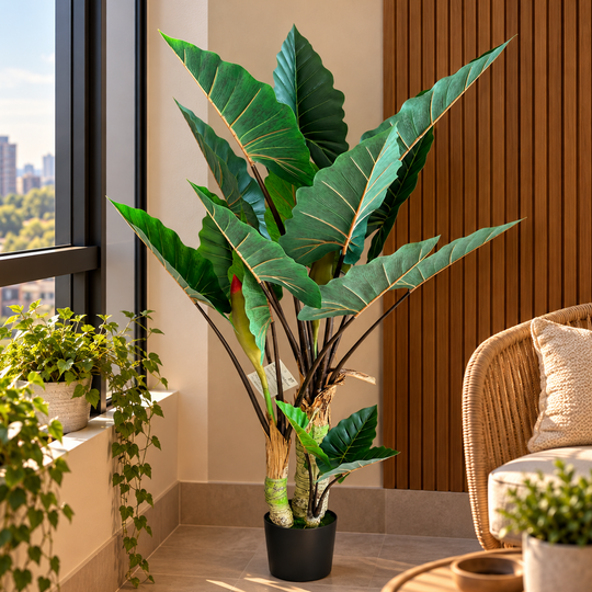 Umelá rastlina Alocasia so širokými listami, 3 kmene, 160 cm, zelená