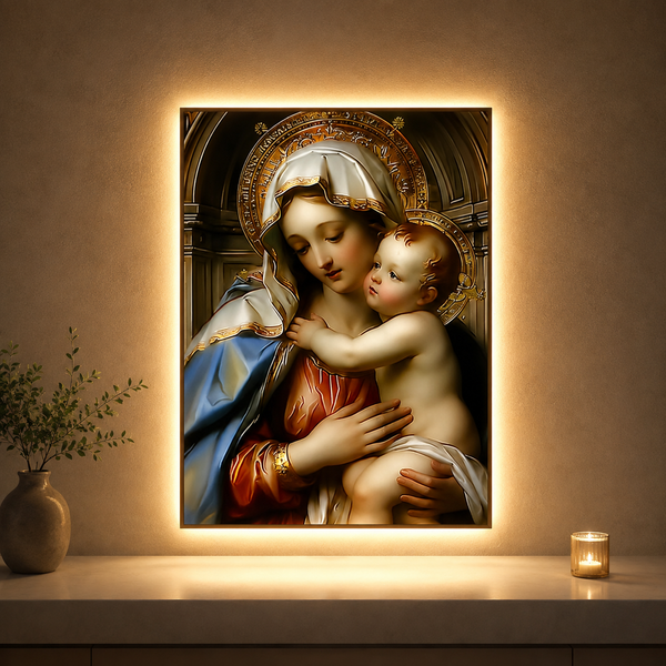 Tablou Decorativ cu Iluminare LED Ocrotire Materna, 60 x 80 cm, 24W, Lumina Neutra, Aliaj de Aluminiu si MDF