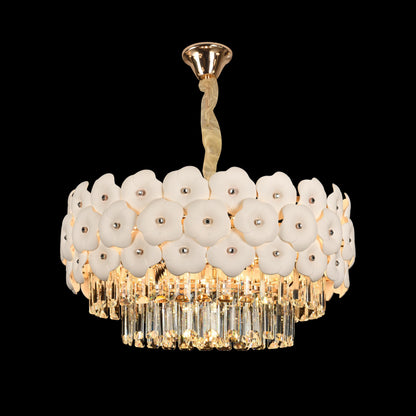 Candelabru Cristal PETAL Eleganza 9xE14, D50 cm, Auriu, Inaltime Reglabila, Metal si Cristal