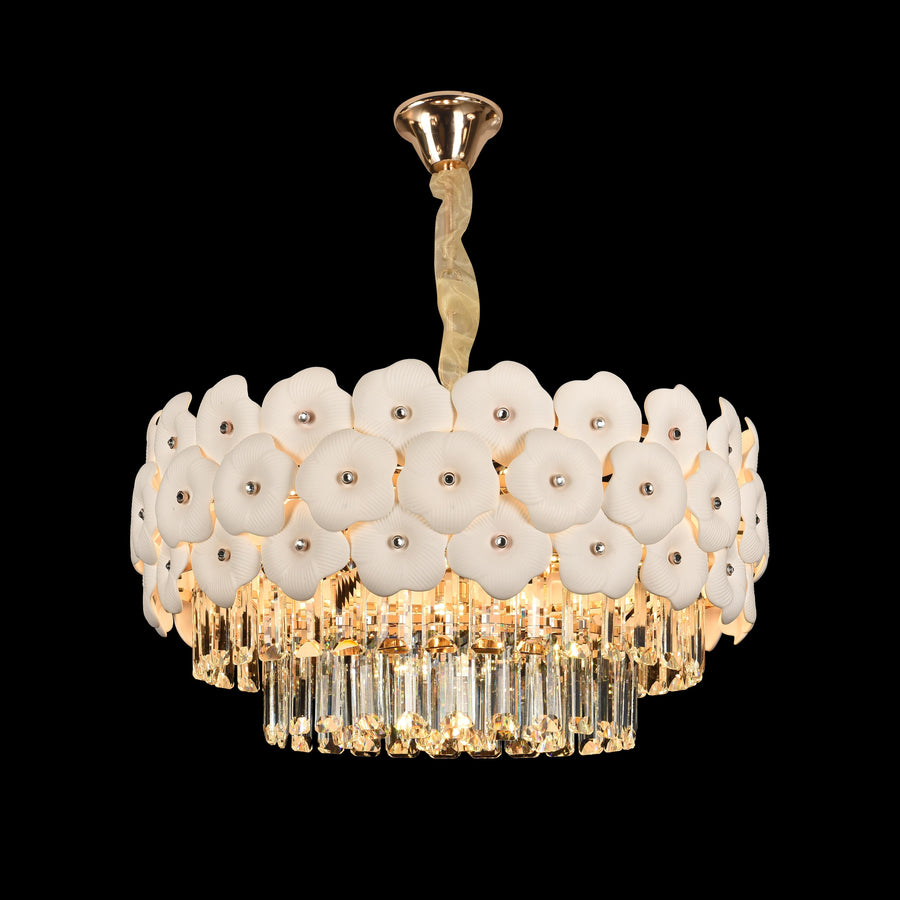 Candelabru Cristal PETAL Eleganza 9xE14, D50 cm, Auriu, Inaltime Reglabila, Metal si Cristal