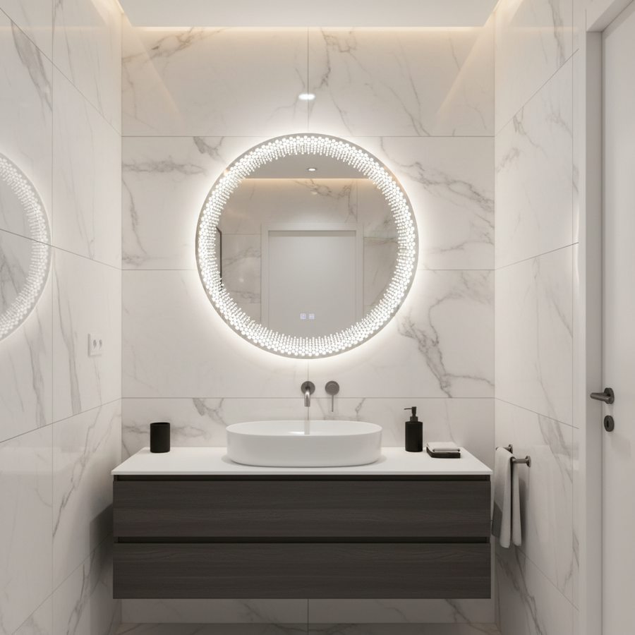 Oglinda LED Rotunda Nexos, 60cm, 24W, Lumina Calda/ Rece/ Neutra, Senzor, Sistem Dezaburire, Ceas si Termometru, Dimabila