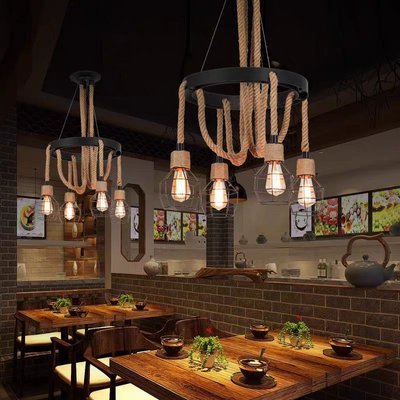 Luster kolesa, 3*E27, hnedý, kov a povraz