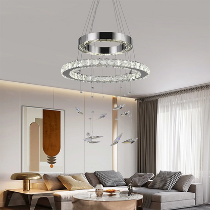 Závesný LED luster s diaľkovým ovládaním a kryštálom 36W, 2 kruhy, studené/teplé/neutrálne svetlo, stmievateľné, lesklý chróm, nastaviteľná výška