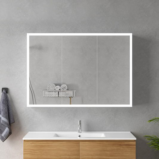 LED zrkadlo so skrinkou MODA 100x70 cm biele obvodové osvetlenie a dotykový senzor