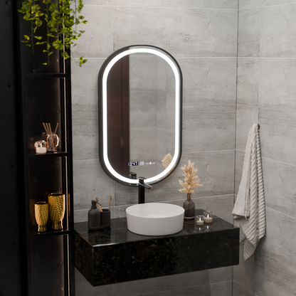 Zrkadlo LED Touch Helmut Defrition Systém, hodiny a teplota 50x80 cm Čierny kefový rámec