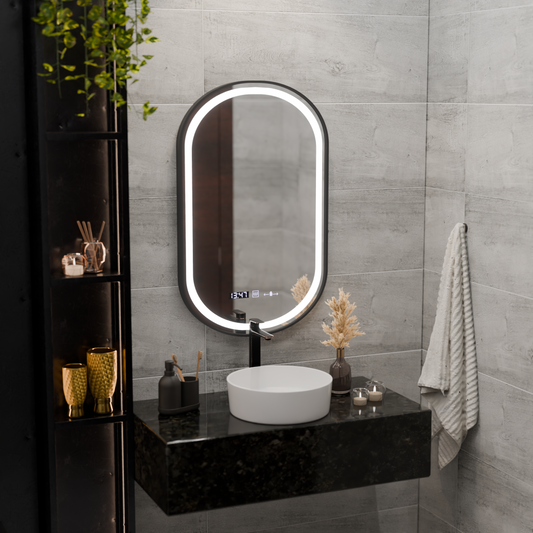 Zrkadlo LED Touch Helmut Defrition Systém, hodiny a teplota 50x80 cm Čierny kefový rámec
