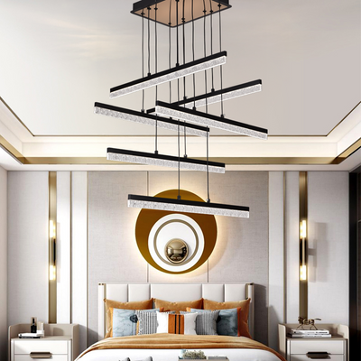 Závesný akrylový LED luster LT181/6BK, 82W, svetlo 3000/4000/6000K, čierny, nastaviteľná výška