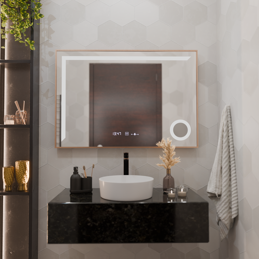 LED snímač snímača SOFIA SOFIA SOFIA S DIPROSTINGU DISTRATIONU FUNKCIA 110X65 CM Teplé/studené/neutrálne stmievacie svetlo, Rose Gold Brudhed rám, zbierka Marcello Funghi Collection
