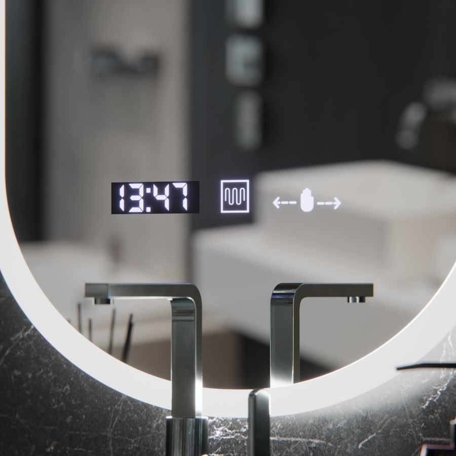 Oválne LED zrkadlo, 50x80cm, Lucia Sensor Marcello, Demister System, Hodiny & Teplomer, Stmievateľné