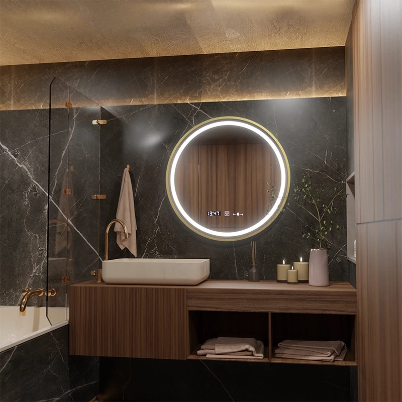 LED okrúhle zrkadlo, 60 cm, Celeste Royale Gold MotionGlow Marcello, Demister System, Hodiny & Teplomer, Stmievateľné
