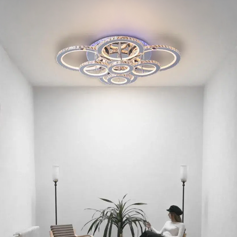 LED luster s diaľkovým ovládaním a krištáľom LIA RGB 182W, 8 kruhov, studené/teplé/neutrálne svetlo, stmievateľné, lesklá chrómová biela