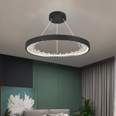 Závesný LED luster s diaľkovým ovládaním, kryštály K9, 28W, 1 kruh, studené/teplé/neutrálne svetlo, stmievateľné, čierne, výškovo nastaviteľné