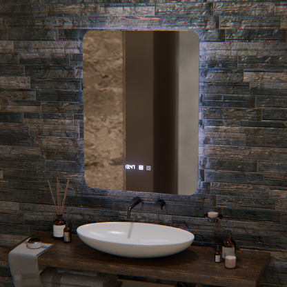 ARTAR dotykové obdĺžnikové LED zrkadlo, 60x80cm, odhmlievací systém, stmievateľné, hodiny a teplota, teplé neutrálne studené svetlo 3000K/4000K/6000K