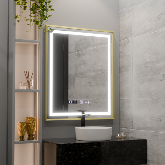 Obdĺžnikové LED zrkadlo, 75 x 90 cm, Verite Royale Gold MotionGlow Marcello, systém odhmlievania, hodiny a teplomer, stmievateľné zrkadlá Marcello Predvolený názov Alessandro Design